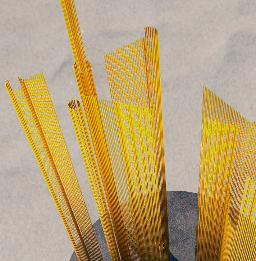 Simulation de l'installation : colonnes de tubes de laiton dans un paysage désertique